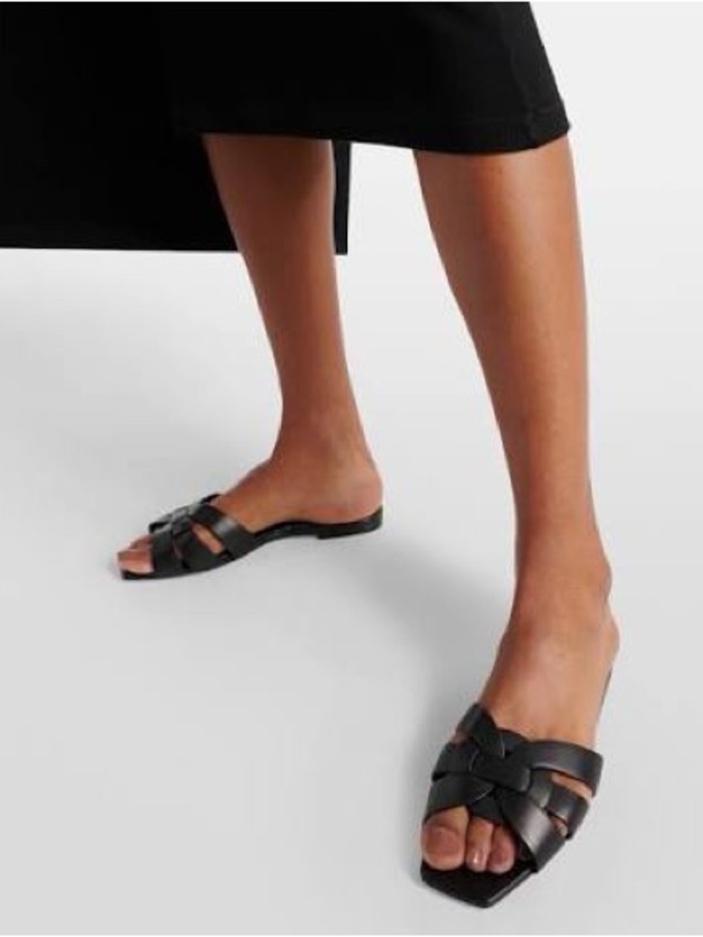 Yves Saint Laurent Black Leather Woven Slide Mules